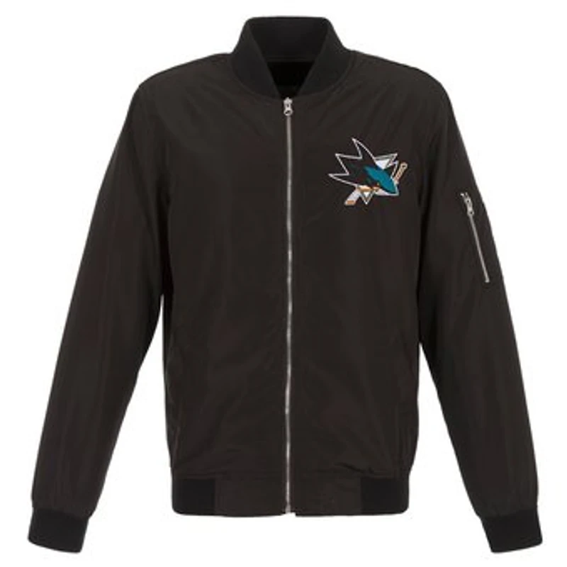Men's JH Design Black San Jose Sharks Lightweight Nylon Bomber Jacket