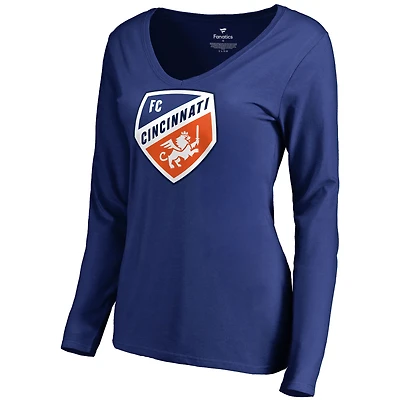 Women's Royal FC Cincinnati Primary Logo Long Sleeve V-Neck T-Shirt