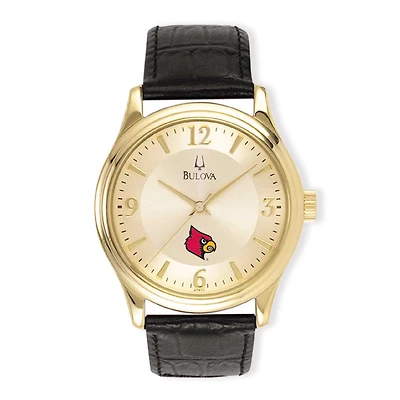 Men's Gold/Black Louisville Cardinals Stainless Steel Leather Band Watch
