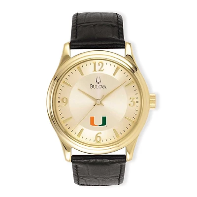 Men's Gold/Black Miami Hurricanes Stainless Steel Leather Band Watch