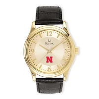 Men's Gold/Black Nebraska Huskers Stainless Steel Leather Band Watch