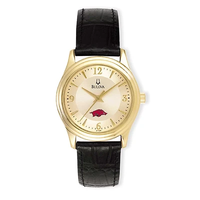 Women's Bulova Gold/Black Arkansas Razorbacks Stainless Steel Watch with Leather Band