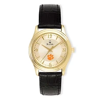 Women's Bulova Gold/Black Clemson Tigers Stainless Steel Watch with Leather Band