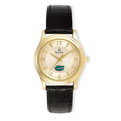 Women's Bulova Gold/Black Florida Gators Stainless Steel Watch with Leather Band