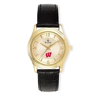 Women's Bulova Gold/Black Wisconsin Badgers Stainless Steel Watch with Leather Band