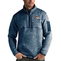 Men's Antigua Heather Navy Denver Broncos Fortune Quarter-Zip Pullover Jacket