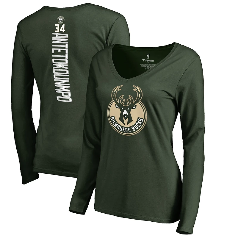 Women's Giannis Antetokounmpo Hunter Green Milwaukee Bucks Team Backer Name & Number Long Sleeve V-Neck T-Shirt