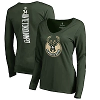 Women's Giannis Antetokounmpo Hunter Green Milwaukee Bucks Team Backer Name & Number Long Sleeve V-Neck T-Shirt