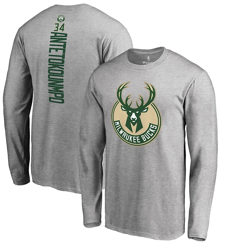Men's Giannis Antetokounmpo Heathered Gray Milwaukee Bucks Team Backer Name & Number Long Sleeve T-Shirt