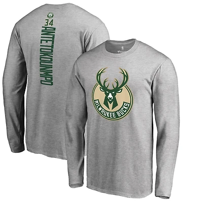 Men's Giannis Antetokounmpo Heathered Gray Milwaukee Bucks Team Backer Name & Number Long Sleeve T-Shirt
