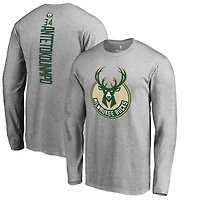 Men's Giannis Antetokounmpo Heathered Gray Milwaukee Bucks Team Backer Name & Number Long Sleeve T-Shirt