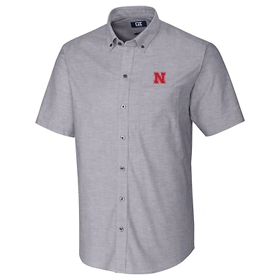 Men's Cutter & Buck Charcoal Nebraska Huskers Stretch Oxford Button-Down Short Sleeve Shirt