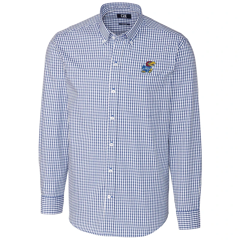 Men's Cutter & Buck Royal Kansas Jayhawks Big & Tall Stretch Gingham Long Sleeve Button Down Shirt