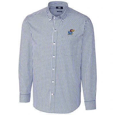 Men's Cutter & Buck Royal Kansas Jayhawks Big & Tall Stretch Gingham Long Sleeve Button Down Shirt