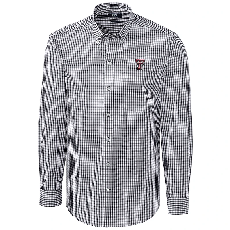Men's Cutter & Buck Charcoal Texas Tech Red Raiders Big & Tall Stretch Gingham Long Sleeve Button Down Shirt