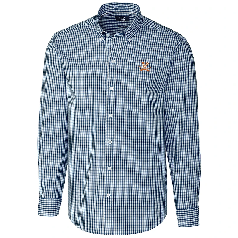 Men's Cutter & Buck Navy Virginia Cavaliers Big & Tall Stretch Gingham Long Sleeve Button Down Shirt