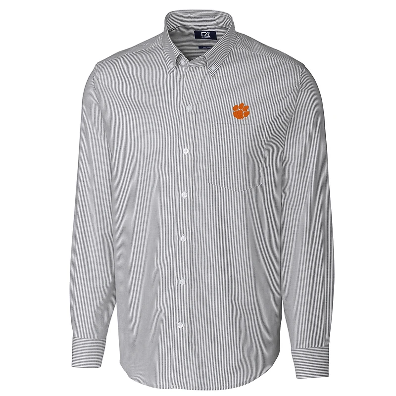 Men's Cutter & Buck Charcoal Clemson Tigers Big & Tall Stretch Oxford Stripe Long Sleeve Button Down Shirt