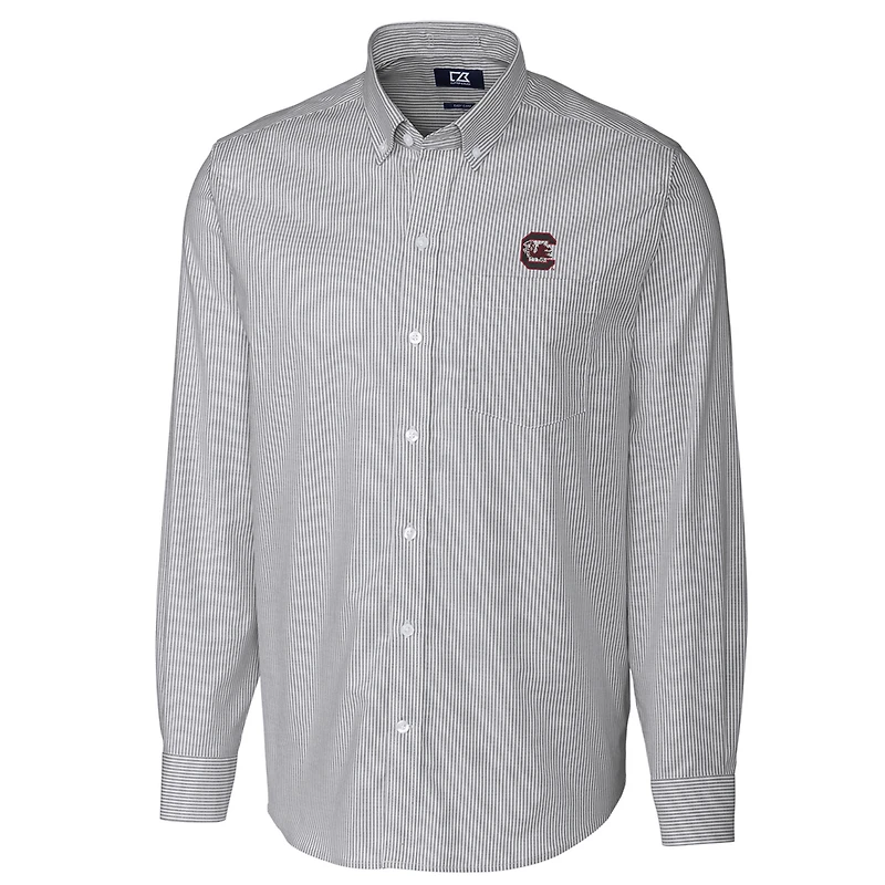 Men's Cutter & Buck Charcoal South Carolina Gamecocks Big & Tall Stretch Oxford Stripe Long Sleeve Button Down Shirt