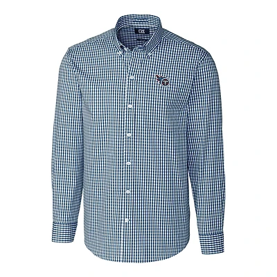 Men's Cutter & Buck Navy Tennessee Titans Big & Tall Stretch Gingham Long Sleeve Woven Button Down Shirt