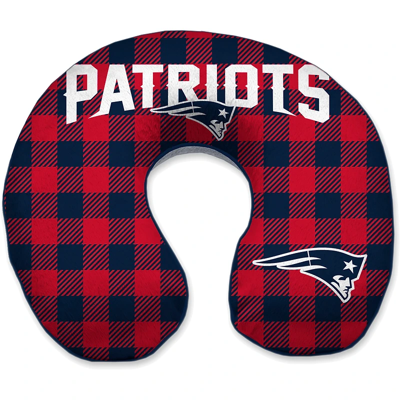 New England Patriots Buffalo Check Sherpa Memory Foam Travel Pillow - Blue