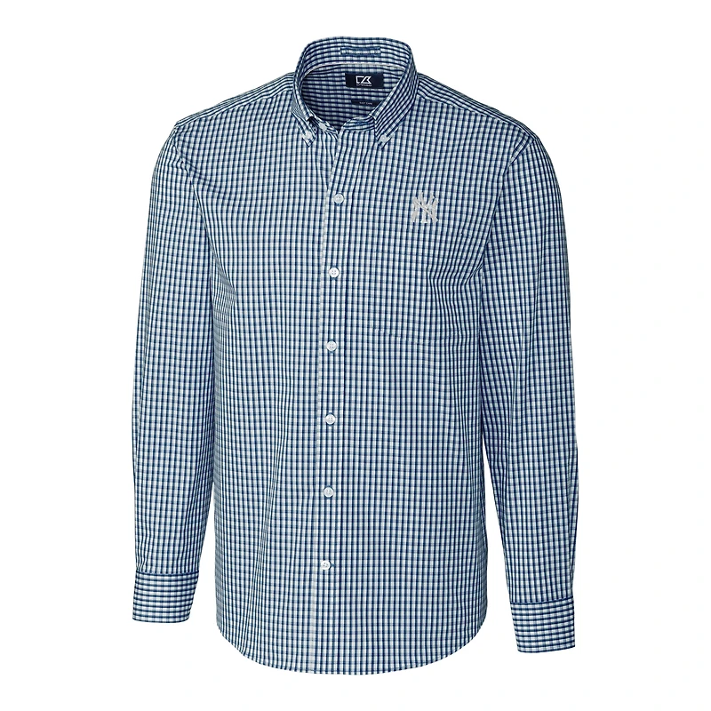 Men's Cutter & Buck Navy New York Yankees Big & Tall Stretch Gingham Long Sleeve Button-Down Shirt