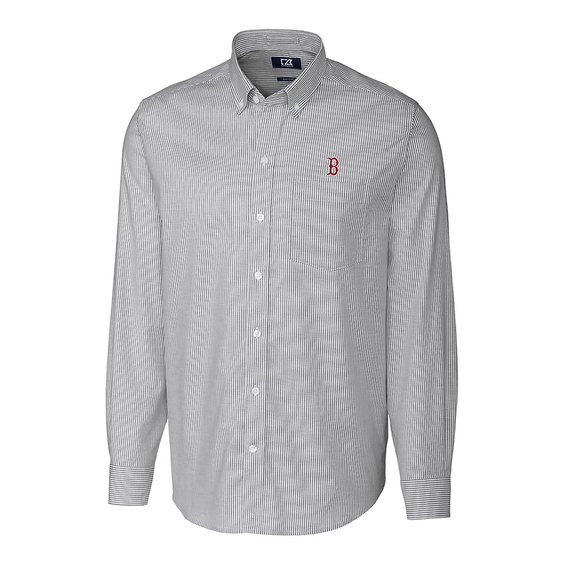 Men's Cutter & Buck Charcoal Boston Red Sox Big & Tall Stretch Oxford Striped Long Sleeve Button-Down Shirt