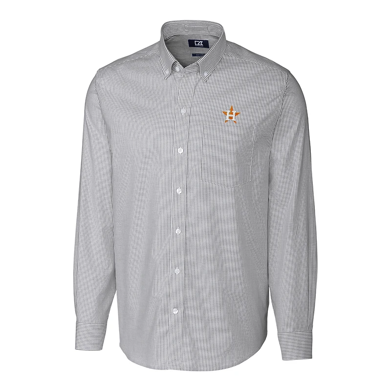 Men's Cutter & Buck Charcoal Houston Astros Big & Tall Stretch Oxford Striped Long Sleeve Button-Down Shirt