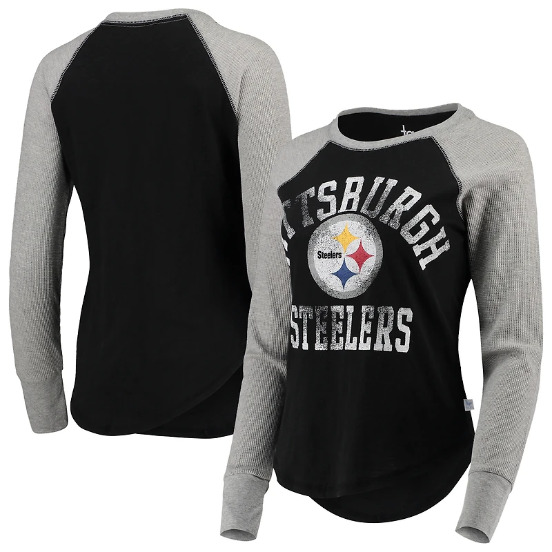 Women's Touch Black Pittsburgh Steelers Waffle Raglan Lightweight Long Sleeve T-Shirt