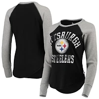 Women's Touch Black Pittsburgh Steelers Waffle Raglan Lightweight Long Sleeve T-Shirt