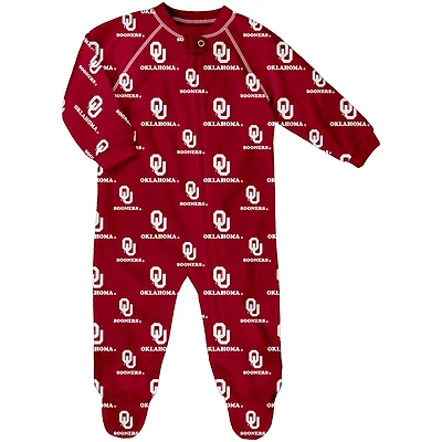 Infant Crimson Oklahoma Sooners Allover Print Raglan Full-Zip Sleeper