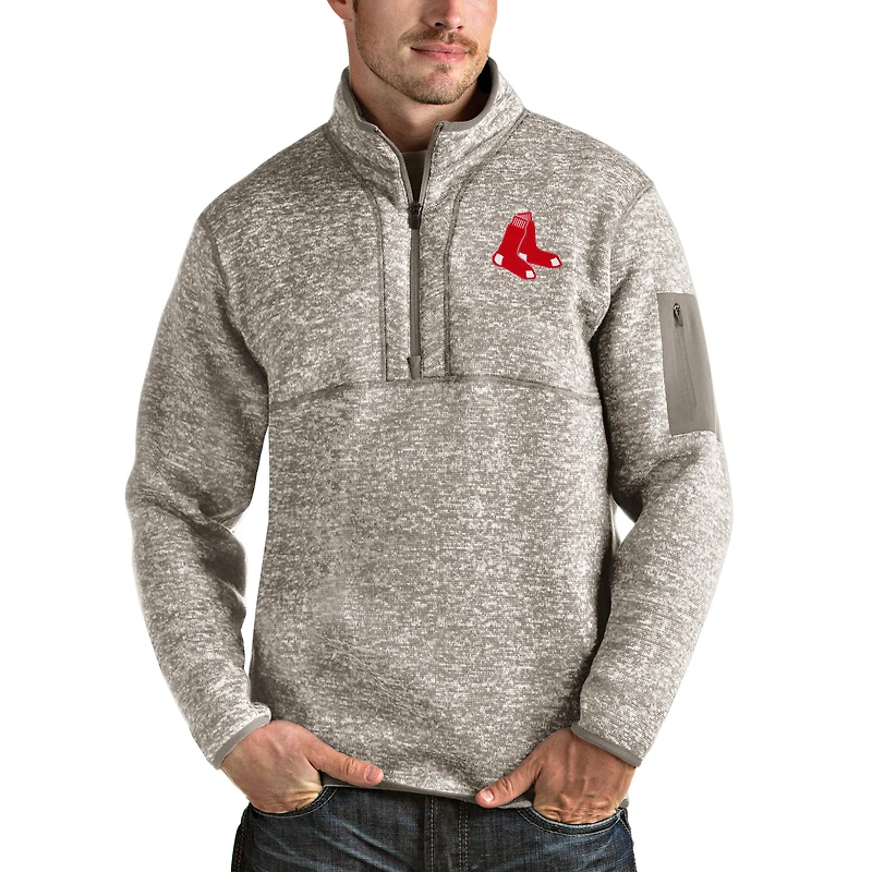 Men's Antigua Oatmeal Boston Red Sox Fortune Quarter-Zip Pullover Jacket