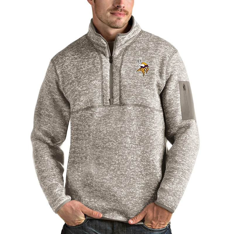 Men's Antigua Oatmeal Minnesota Vikings Fortune Quarter-Zip Pullover Jacket
