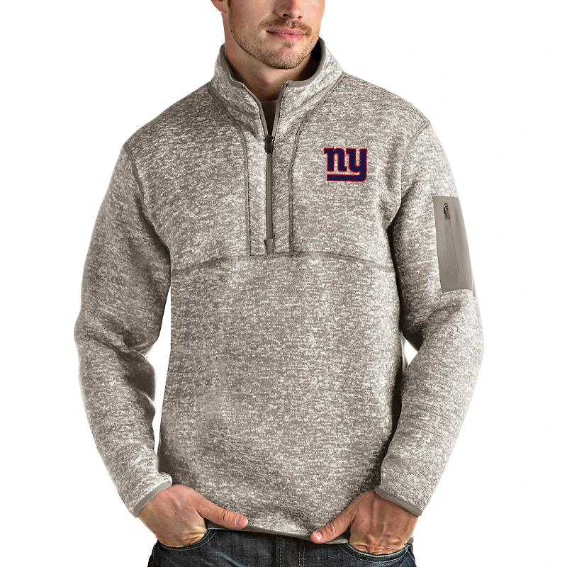 Men's Antigua Oatmeal New York Giants Fortune Quarter-Zip Pullover Jacket