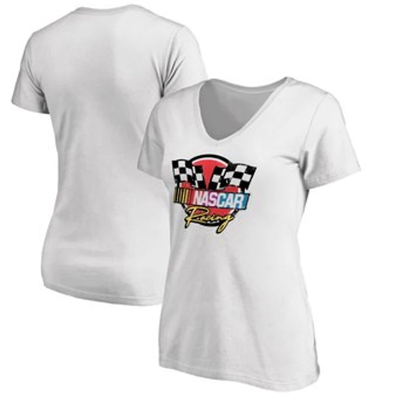 Women's White NASCAR 90s Racing Badge V-Neck T-Shirt