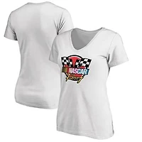 Women's White NASCAR 90s Racing Badge V-Neck T-Shirt