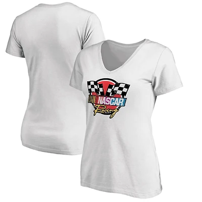 Women's White NASCAR 90s Racing Badge V-Neck T-Shirt