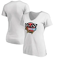Women's White NASCAR 90s Racing Badge V-Neck T-Shirt