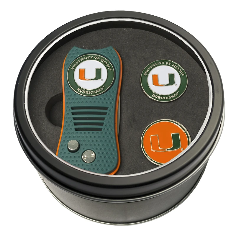 Miami Hurricanes Divot Tool & Ball Markers Personalized Tin Gift Set