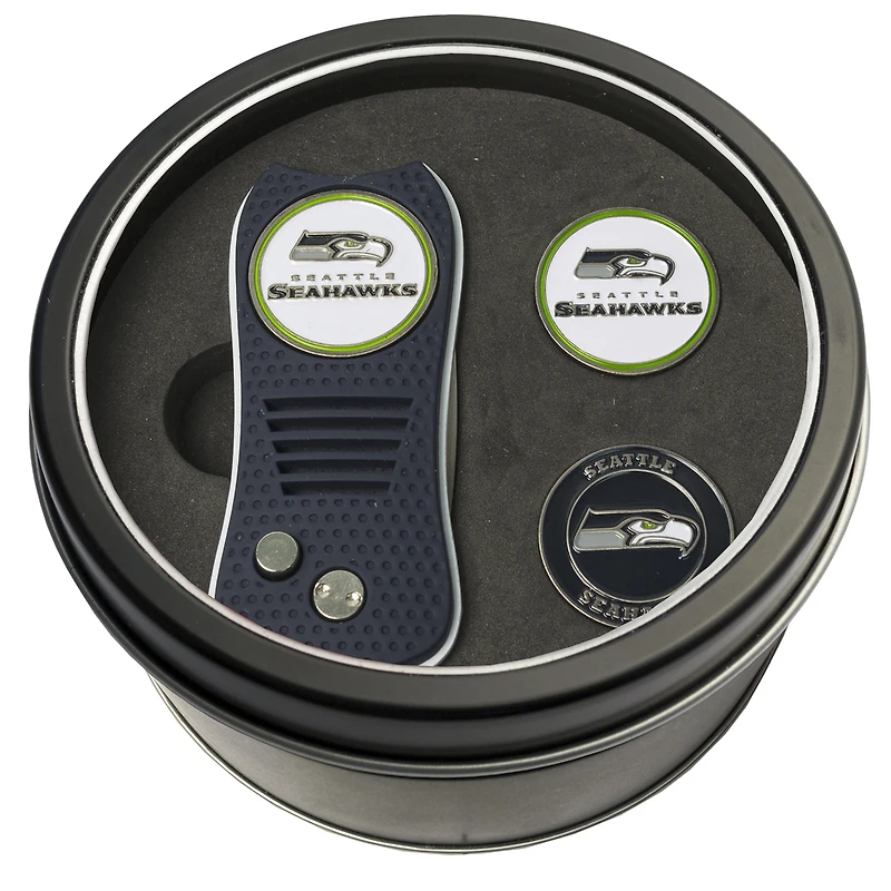 Seattle Seahawks Divot Tool & Ball Markers Personalized Tin Gift Set