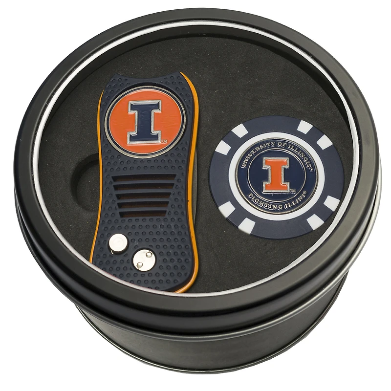 Illinois Fighting Illini Divot Tool & Golf Chip Personalized Tin Gift Set