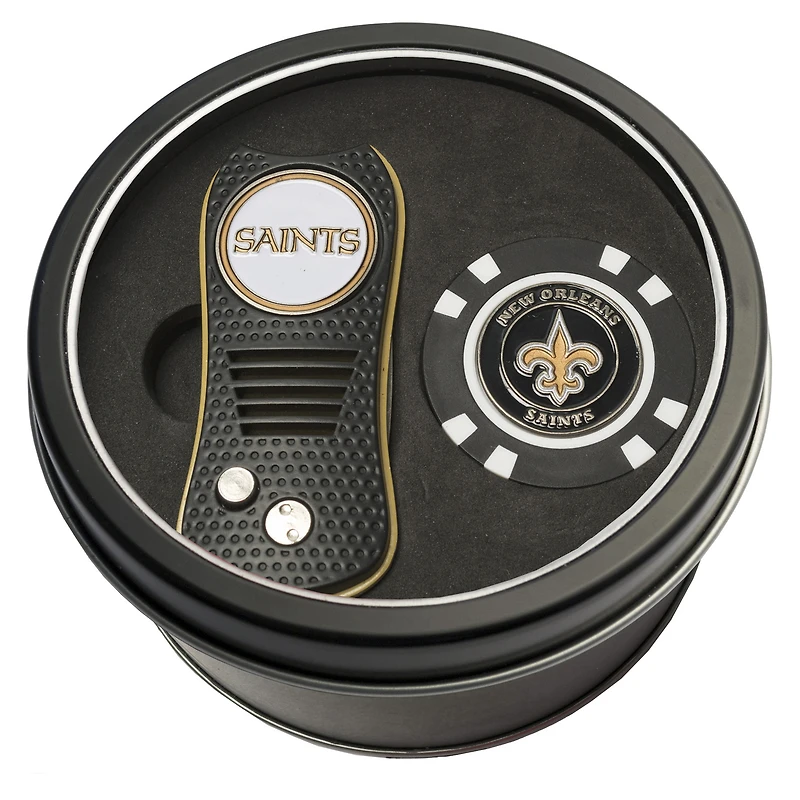 New Orleans Saints Divot Tool & Golf Chip Personalized Tin Gift Set