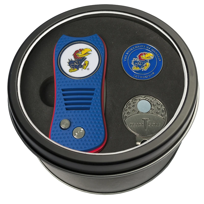 Kansas Jayhawks Divot Tool Ball Marker & Cap Clip Personalized Tin Gift Set