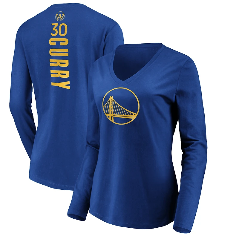 Women's Stephen Curry Royal Golden State Warriors Playmaker Name & Number Long Sleeve V-Neck T-Shirt