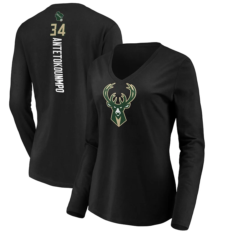 Women's Giannis Antetokounmpo Black Milwaukee Bucks Playmaker Name & Number Long Sleeve V-Neck T-Shirt