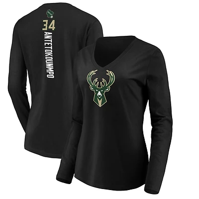 Women's Giannis Antetokounmpo Black Milwaukee Bucks Playmaker Name & Number Long Sleeve V-Neck T-Shirt