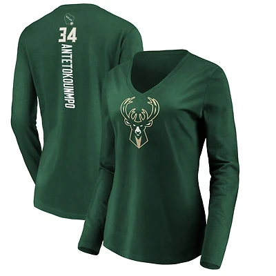 Women's Giannis Antetokounmpo Green Milwaukee Bucks Playmaker Name & Number Long Sleeve V-Neck T-Shirt