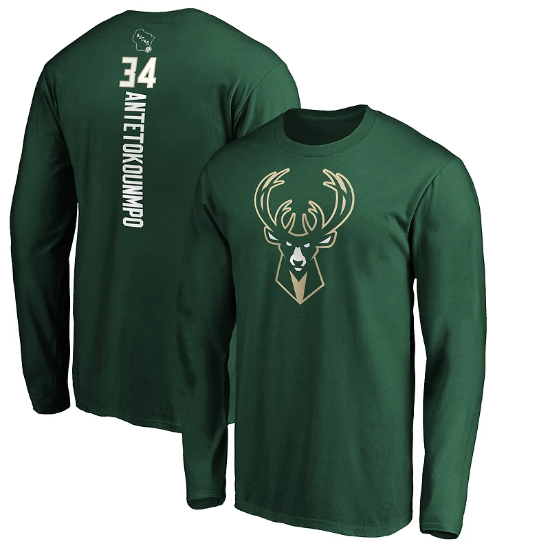 Men's Giannis Antetokounmpo Hunter Green Milwaukee Bucks Playmaker Name & Number Long Sleeve T-Shirt