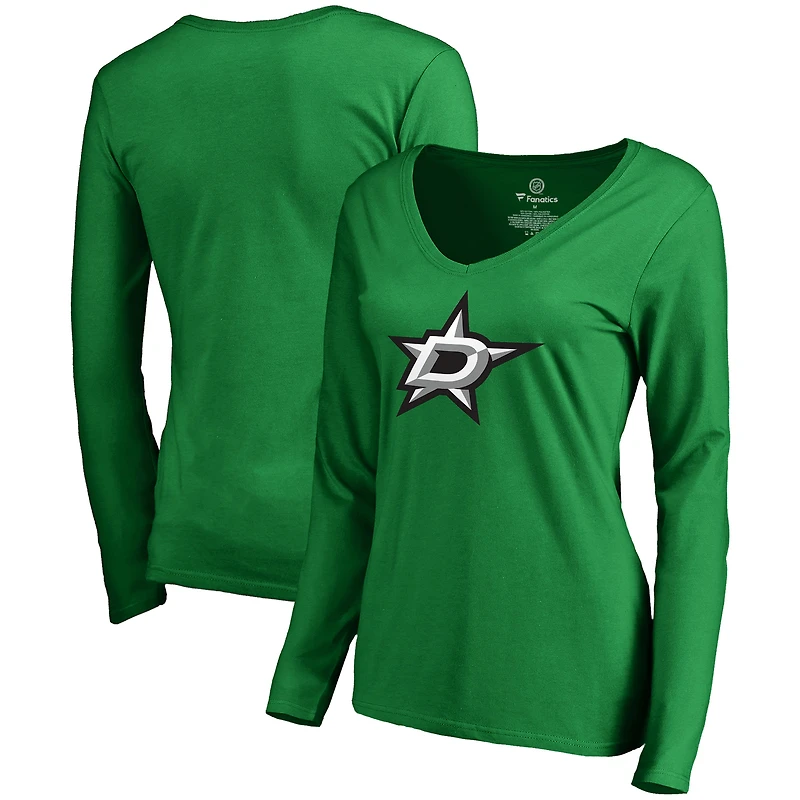 Women's Fanatics Kelly Green Dallas Stars Primary Logo Long Sleeve V-Neck T-Shirt