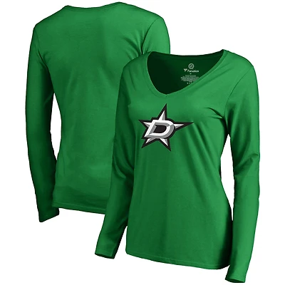 Women's Fanatics Kelly Green Dallas Stars Primary Logo Long Sleeve V-Neck T-Shirt