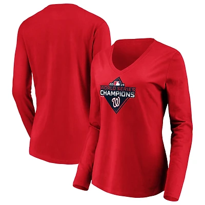 Women's Majestic Red Washington Nationals 2019 World Series Champions Logo Long Sleeve V-Neck T-Shirt